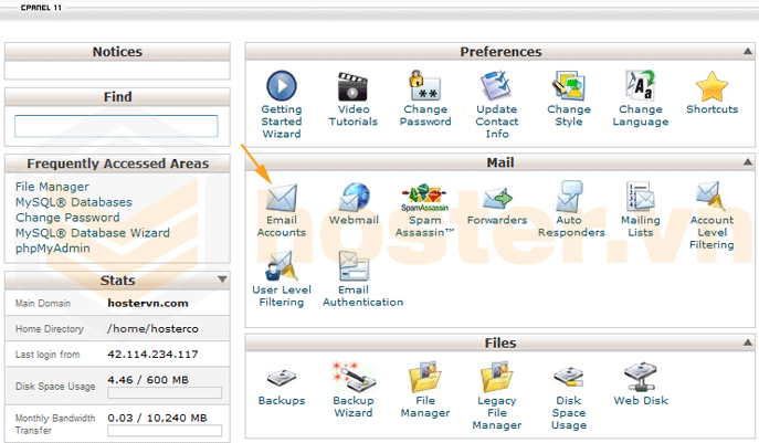 Truy cập tính năng Email Accounts cPanel, hosting hải phòng, website hải phòng