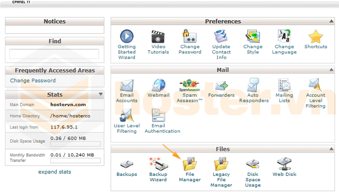 Truy cập trang file manager cPanel, hosting hải phòng, website hải phòng